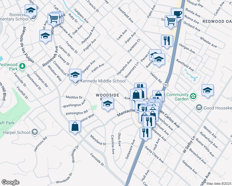 map of restaurants, bars, coffee shops, grocery stores, and more near 1642 Anamor Street in Redwood City