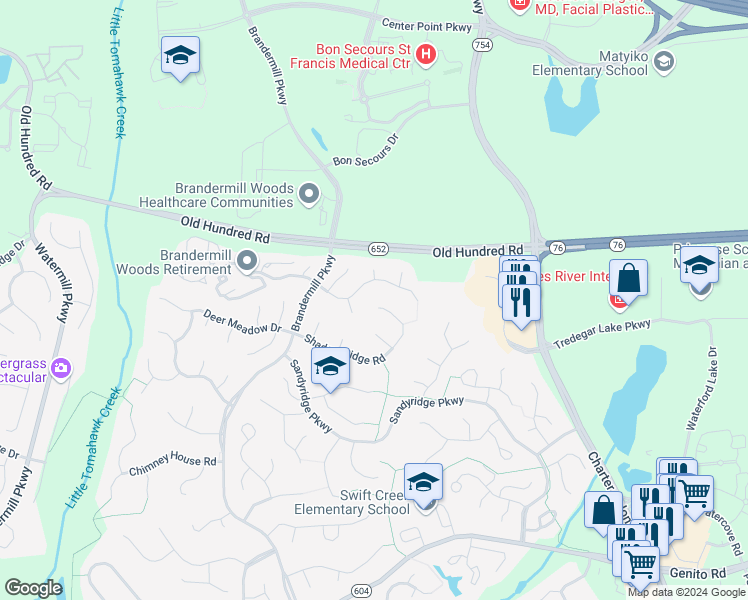 map of restaurants, bars, coffee shops, grocery stores, and more near 13903 Turtle Hill Road in Midlothian