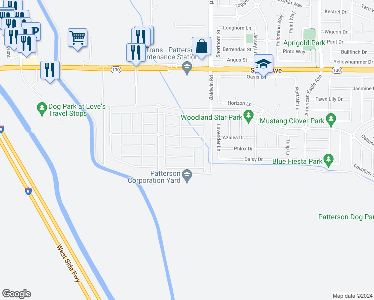 map of restaurants, bars, coffee shops, grocery stores, and more near 2128 Emerald Ranch Road in Patterson