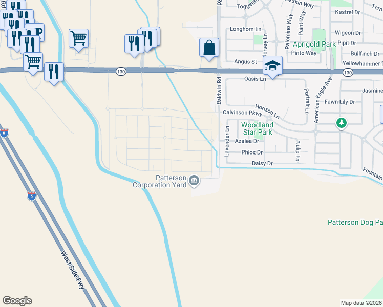 map of restaurants, bars, coffee shops, grocery stores, and more near 15955-16199 Baldwin Road in Patterson