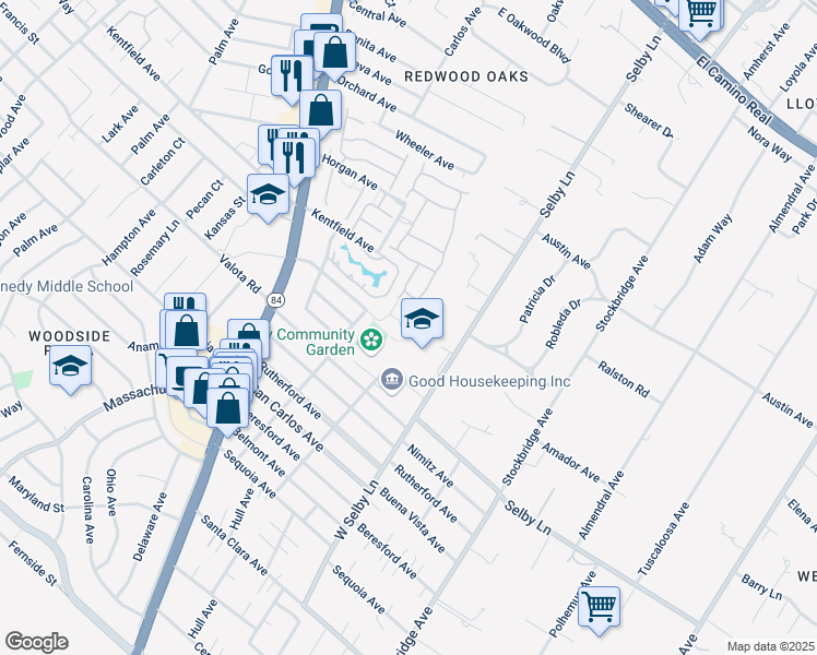 map of restaurants, bars, coffee shops, grocery stores, and more near 215 Atherwood Avenue in Redwood City