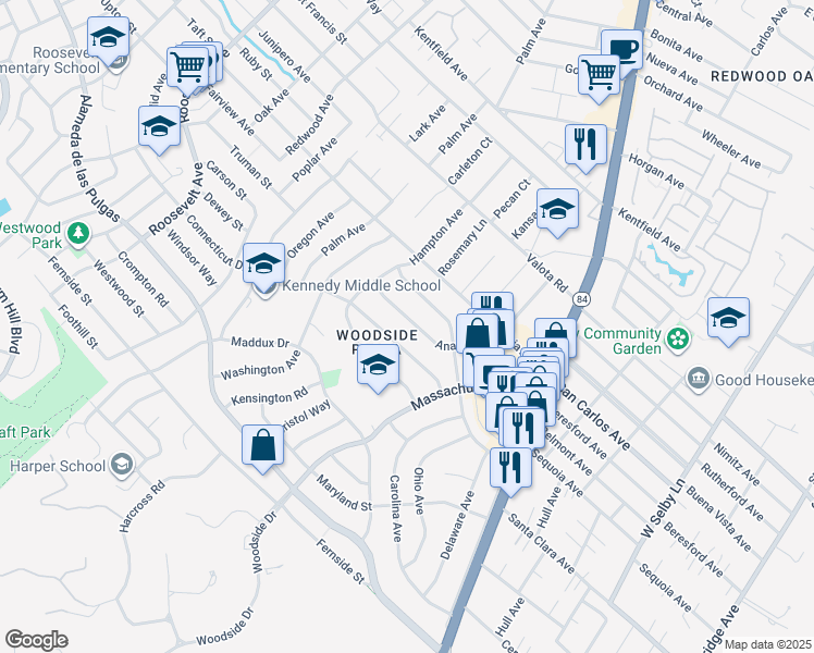 map of restaurants, bars, coffee shops, grocery stores, and more near 1642 Anamor Street in Redwood City