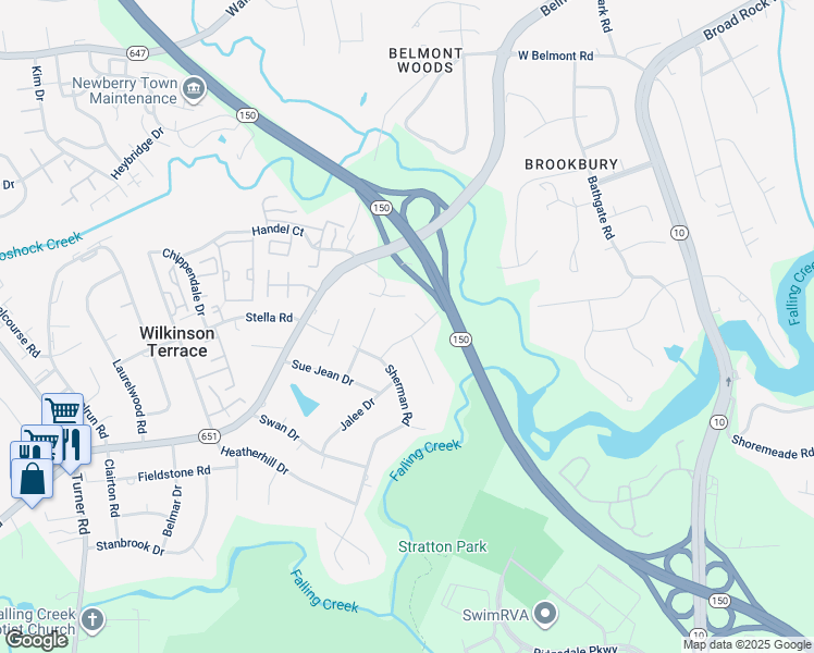 map of restaurants, bars, coffee shops, grocery stores, and more near 4128 Goldfinch Drive in Richmond
