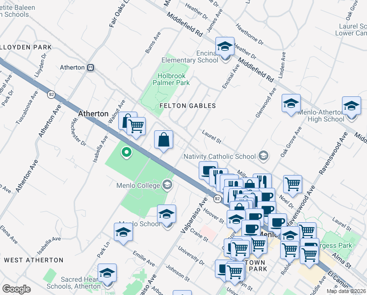 map of restaurants, bars, coffee shops, grocery stores, and more near 426 Encinal Avenue in Menlo Park