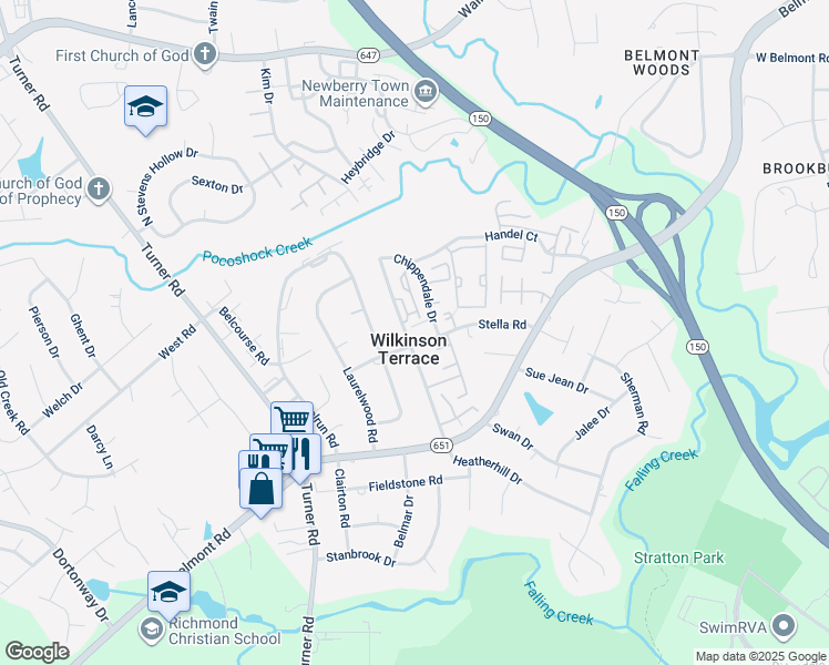 map of restaurants, bars, coffee shops, grocery stores, and more near 4037 Lamplighter Drive in Richmond