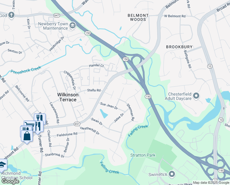 map of restaurants, bars, coffee shops, grocery stores, and more near 4009 Stella Court in Richmond