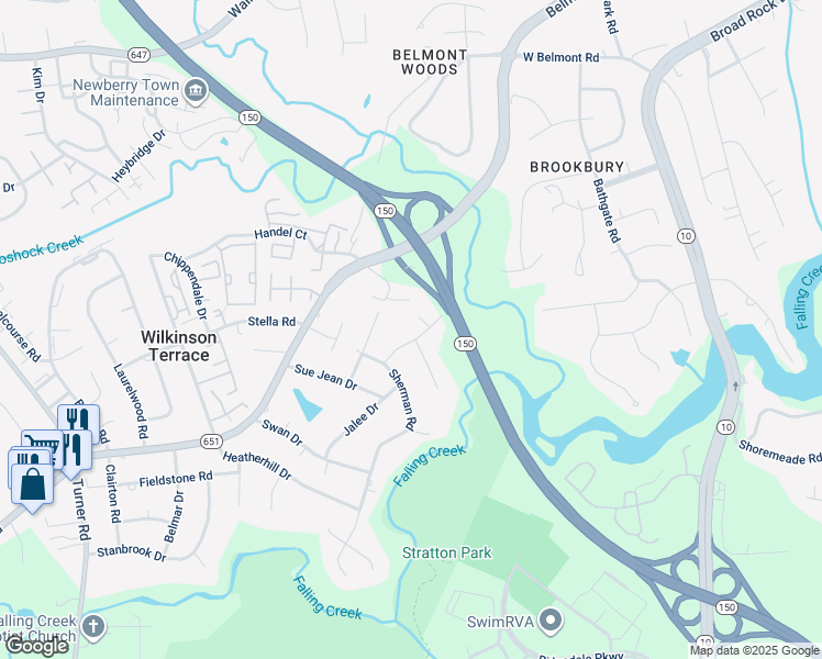 map of restaurants, bars, coffee shops, grocery stores, and more near 4128 Goldfinch Drive in Richmond