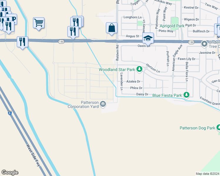 map of restaurants, bars, coffee shops, grocery stores, and more near 2128 Emerald Ranch Road in Patterson