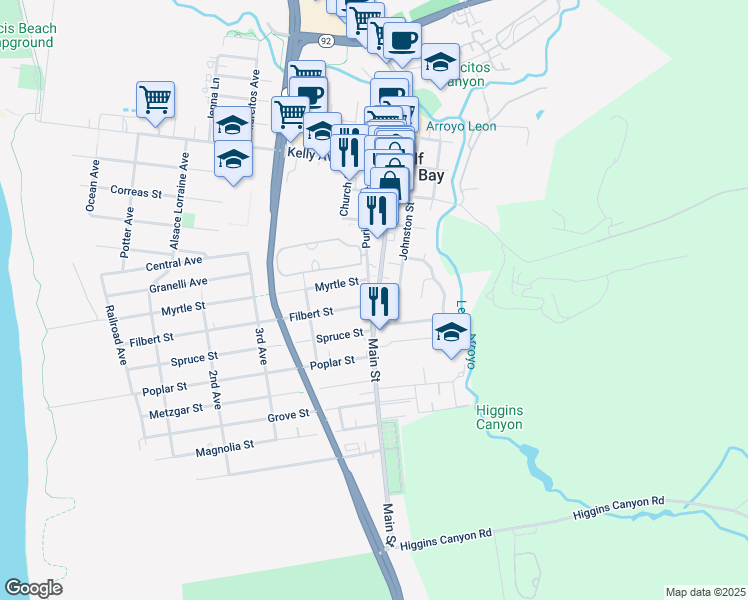 map of restaurants, bars, coffee shops, grocery stores, and more near 780 Main Street in Half Moon Bay