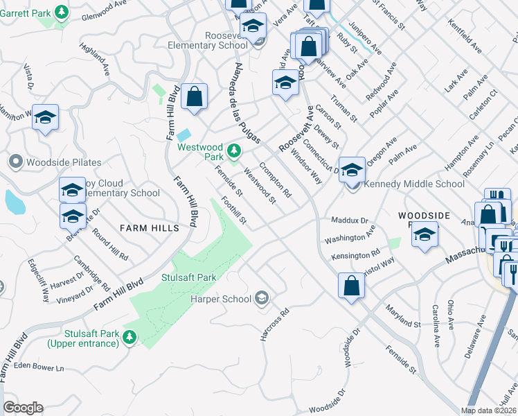 map of restaurants, bars, coffee shops, grocery stores, and more near 1271 Fernside Street in Redwood City