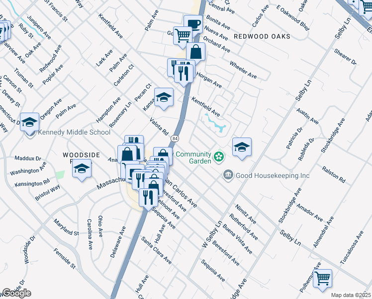 map of restaurants, bars, coffee shops, grocery stores, and more near 125 Nimitz Avenue in Redwood City