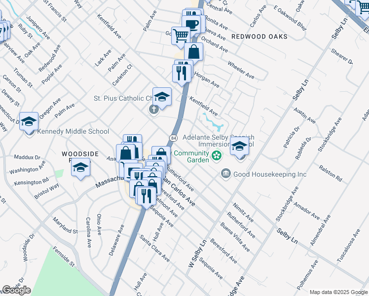 map of restaurants, bars, coffee shops, grocery stores, and more near 125 Nimitz Avenue in Redwood City