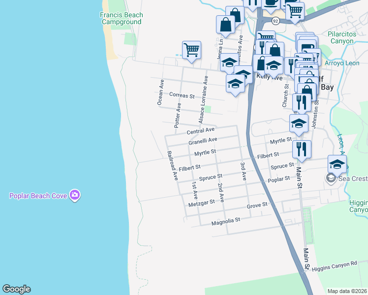 map of restaurants, bars, coffee shops, grocery stores, and more near 260 Granelli Avenue in Half Moon Bay