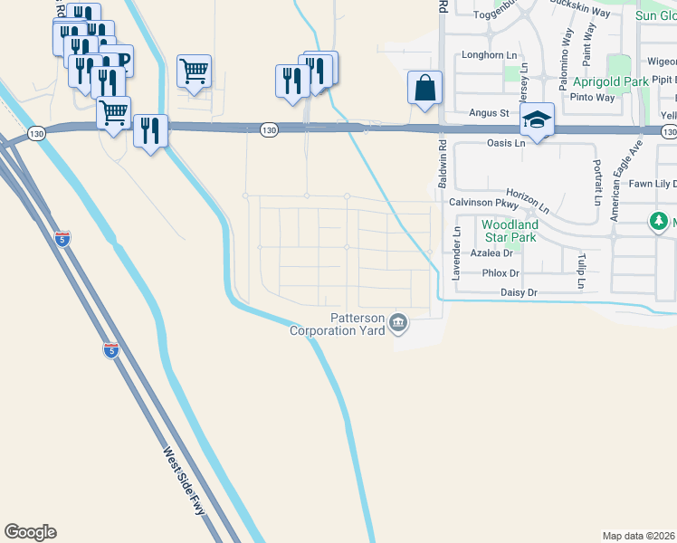 map of restaurants, bars, coffee shops, grocery stores, and more near 2236 Sperry Avenue in Patterson