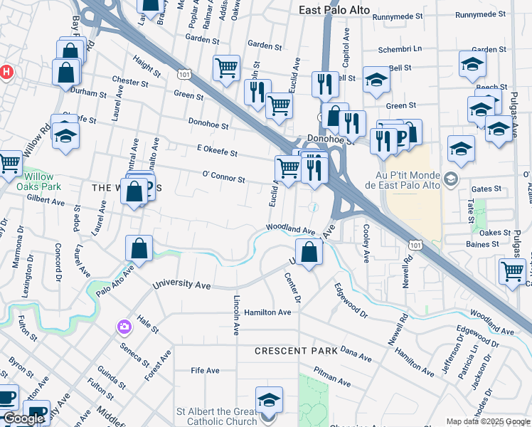 map of restaurants, bars, coffee shops, grocery stores, and more near 1953 Euclid Avenue in Palo Alto