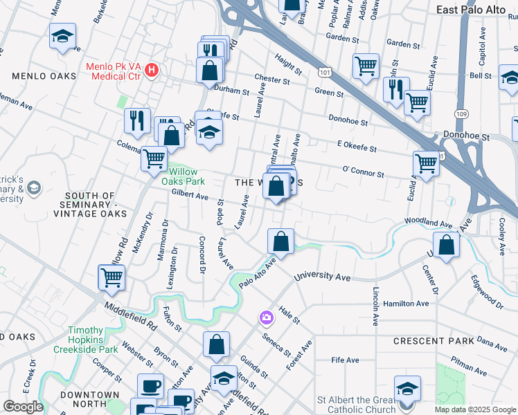 map of restaurants, bars, coffee shops, grocery stores, and more near 409 Central Avenue in Menlo Park