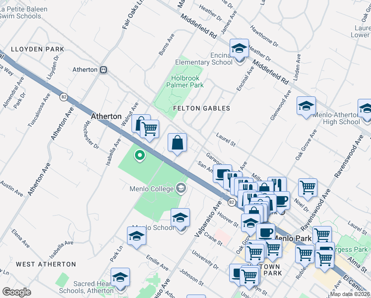 map of restaurants, bars, coffee shops, grocery stores, and more near 169 Stone Pine Lane in Menlo Park