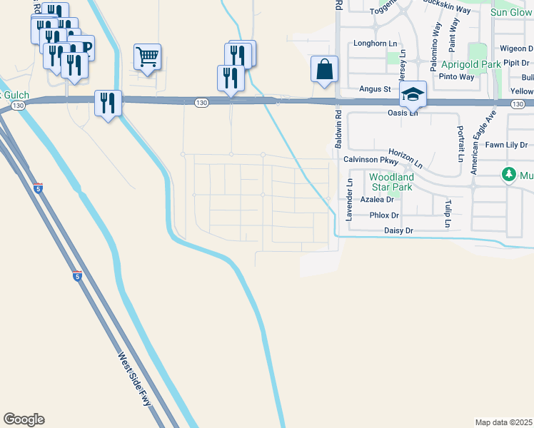 map of restaurants, bars, coffee shops, grocery stores, and more near 253 Dogwood Ranch Way in Patterson