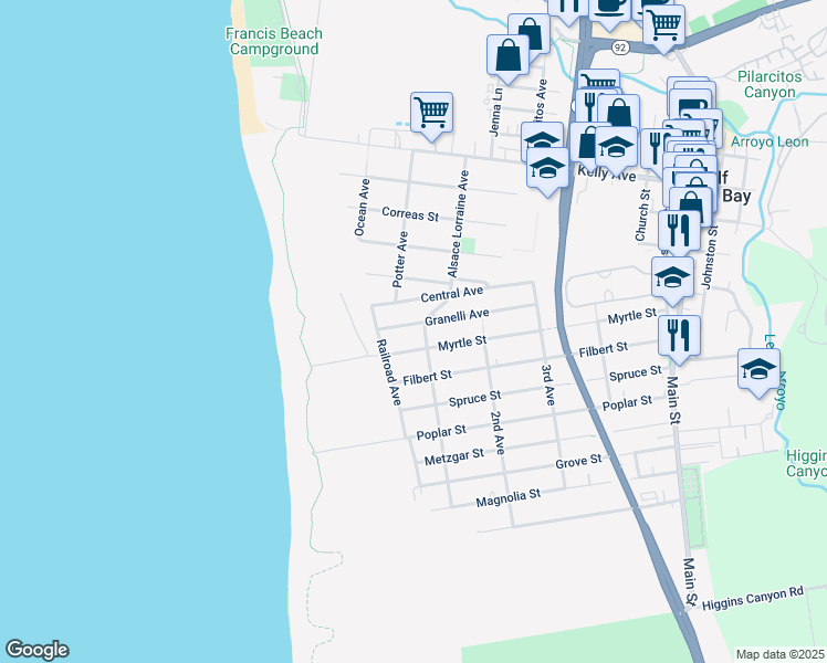 map of restaurants, bars, coffee shops, grocery stores, and more near 260 Granelli Avenue in Half Moon Bay