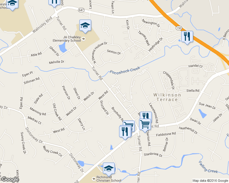 map of restaurants, bars, coffee shops, grocery stores, and more near 3818 Beechtree Court in Richmond