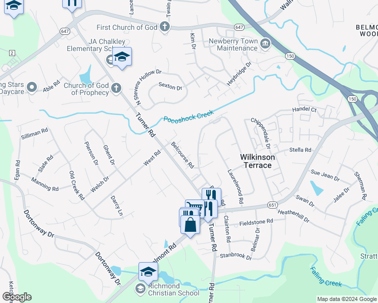 map of restaurants, bars, coffee shops, grocery stores, and more near 3913 Breezy Court in Richmond