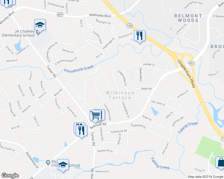 map of restaurants, bars, coffee shops, grocery stores, and more near 4013 Woodfield Road in Richmond