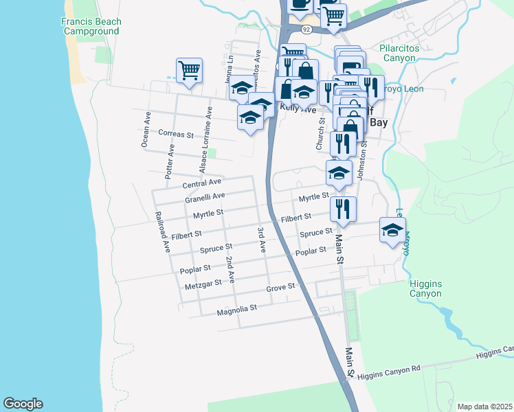 map of restaurants, bars, coffee shops, grocery stores, and more near Myrtle Street in Half Moon Bay