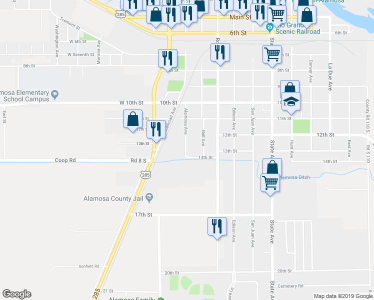 map of restaurants, bars, coffee shops, grocery stores, and more near 1222 Alamosa Avenue in Alamosa