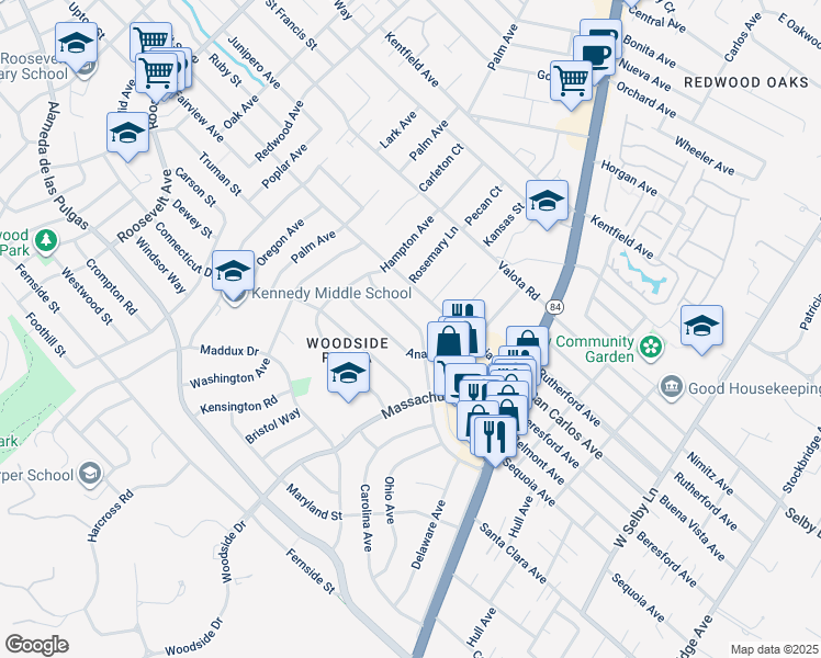 map of restaurants, bars, coffee shops, grocery stores, and more near 1728 Kentucky Street in Redwood City