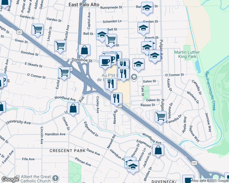 map of restaurants, bars, coffee shops, grocery stores, and more near 1771 East Bayshore Road in East Palo Alto