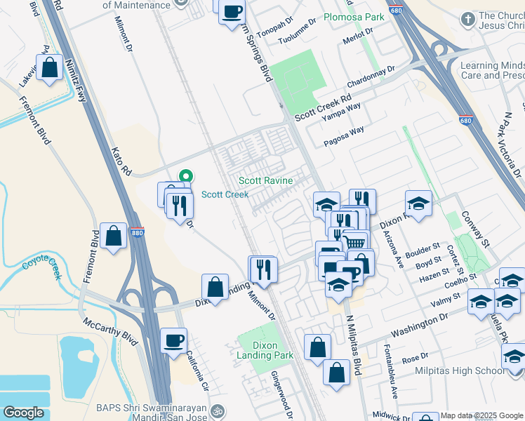 map of restaurants, bars, coffee shops, grocery stores, and more near 49199 Honeysuckle Terrace in Fremont