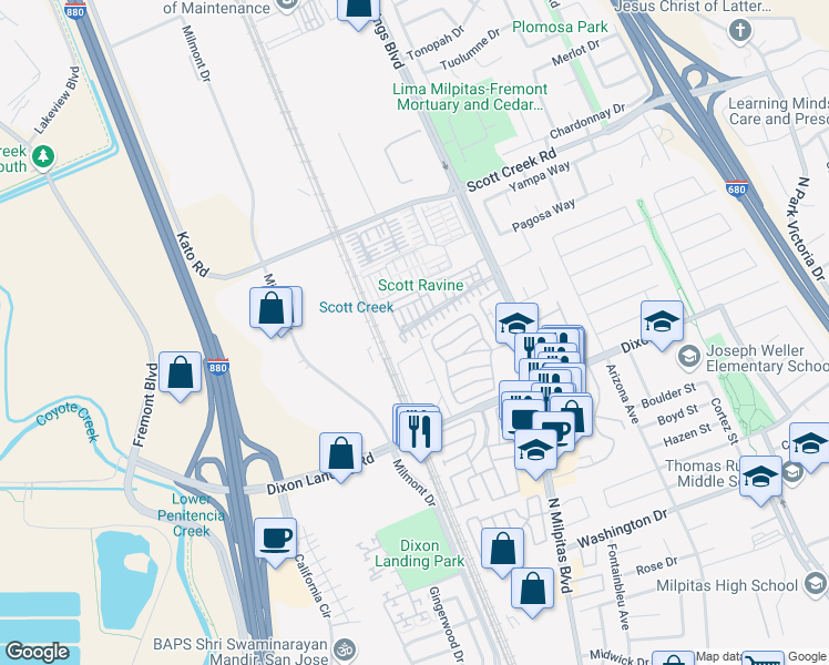 map of restaurants, bars, coffee shops, grocery stores, and more near 49199 Honeysuckle Terrace in Fremont