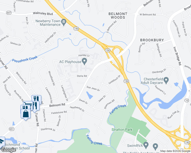 map of restaurants, bars, coffee shops, grocery stores, and more near 4010 Stella Court in Richmond