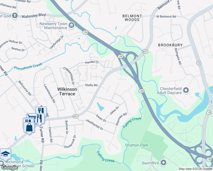 map of restaurants, bars, coffee shops, grocery stores, and more near 4008 Stella Court in Richmond