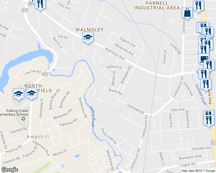 map of restaurants, bars, coffee shops, grocery stores, and more near 3010 Space Road in Richmond