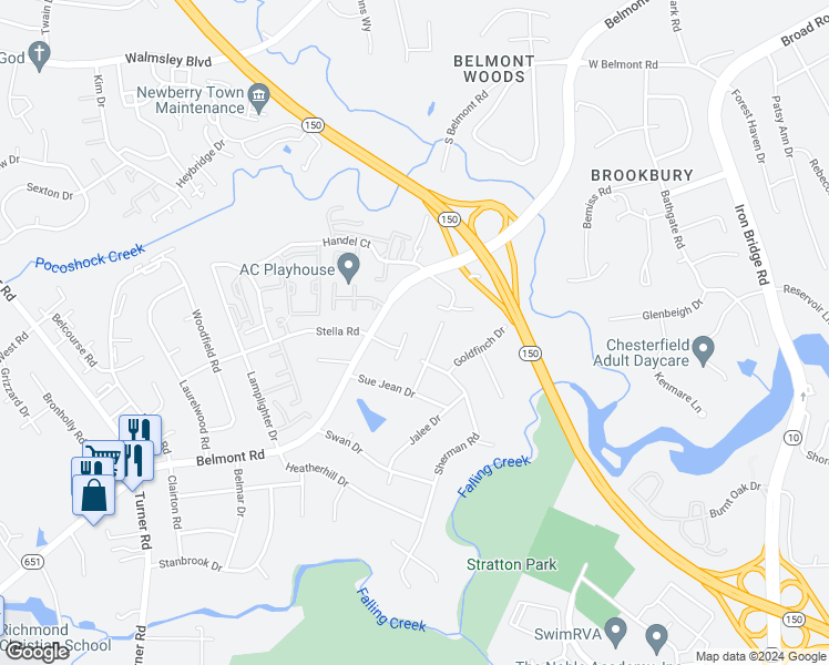 map of restaurants, bars, coffee shops, grocery stores, and more near 4005 Stella Court in Richmond