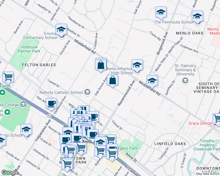 map of restaurants, bars, coffee shops, grocery stores, and more near 1137 Marcussen Drive in Menlo Park