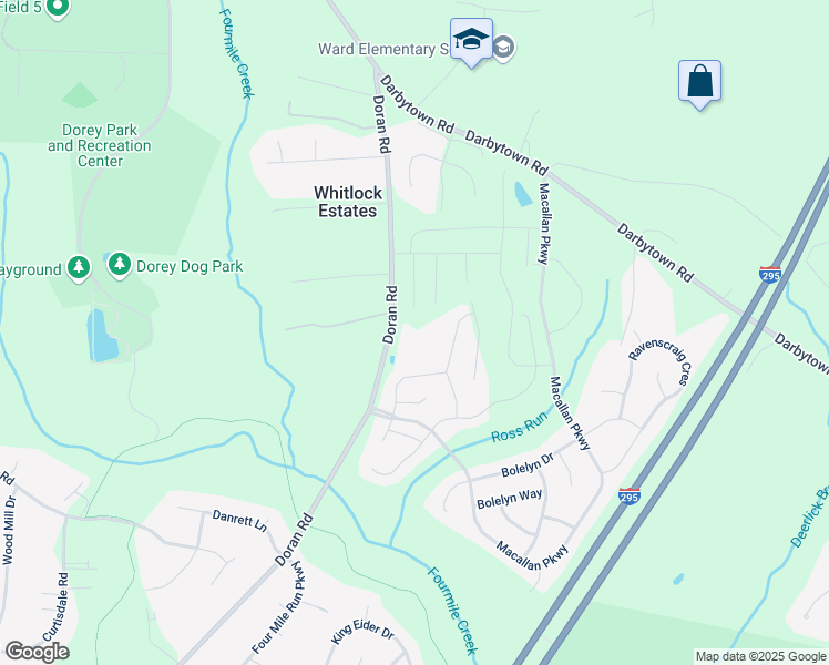 map of restaurants, bars, coffee shops, grocery stores, and more near 7509 Doran Road in Richmond