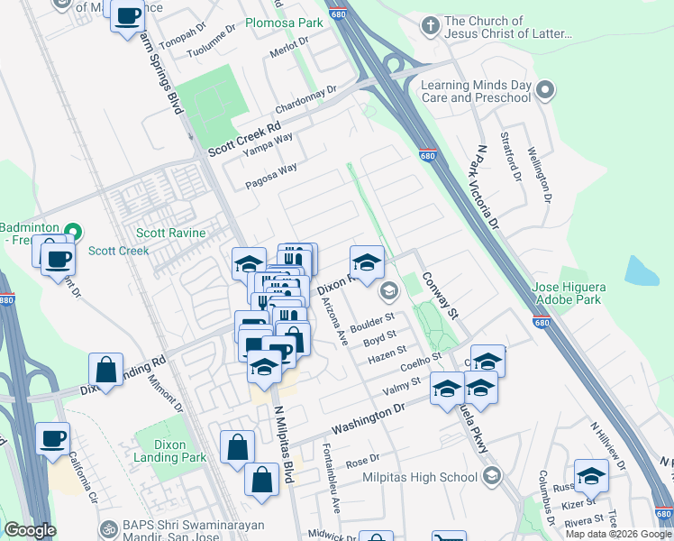 map of restaurants, bars, coffee shops, grocery stores, and more near 209 Mazey Street in Milpitas