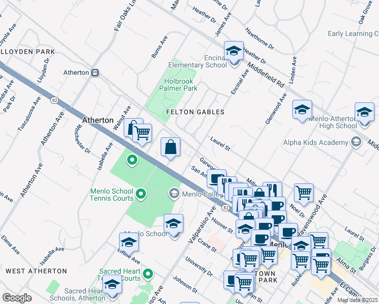 map of restaurants, bars, coffee shops, grocery stores, and more near 436 Encinal Avenue in Menlo Park