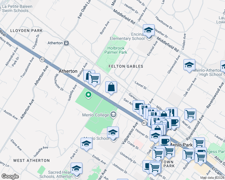 map of restaurants, bars, coffee shops, grocery stores, and more near 169 Stone Pine Lane in Menlo Park