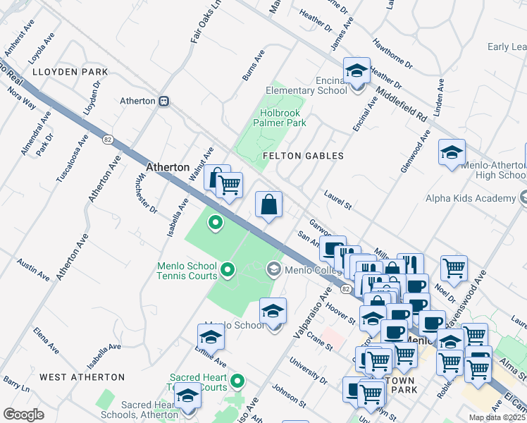 map of restaurants, bars, coffee shops, grocery stores, and more near 169 Stone Pine Lane in Menlo Park