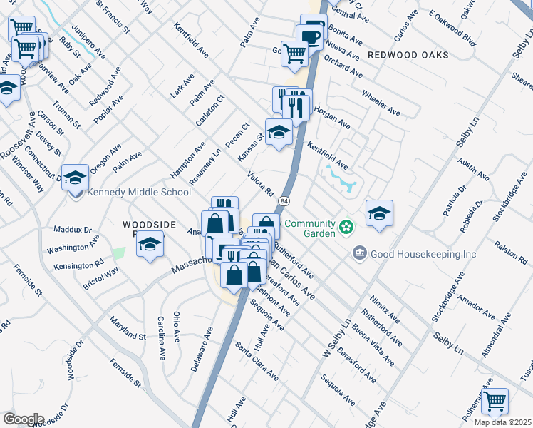 map of restaurants, bars, coffee shops, grocery stores, and more near 1240 Woodside Road in Redwood City