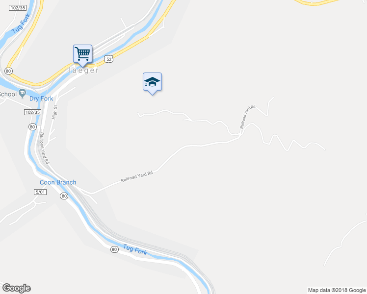 map of restaurants, bars, coffee shops, grocery stores, and more near Railroad Yard Road in Iaeger