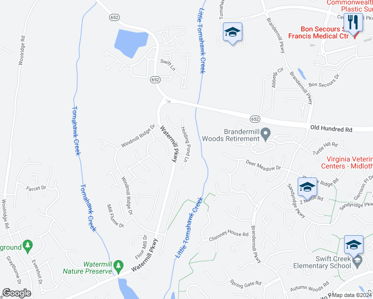 map of restaurants, bars, coffee shops, grocery stores, and more near 2130 Holding Pond Lane in Midlothian