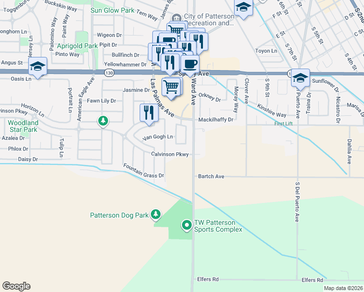 map of restaurants, bars, coffee shops, grocery stores, and more near 236 Spring Avenue in Patterson