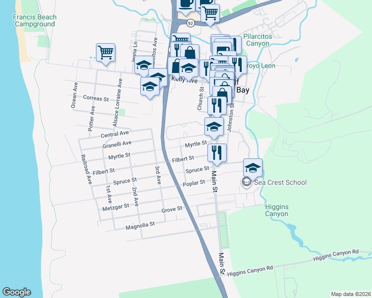 map of restaurants, bars, coffee shops, grocery stores, and more near 614 Myrtle Street in Half Moon Bay