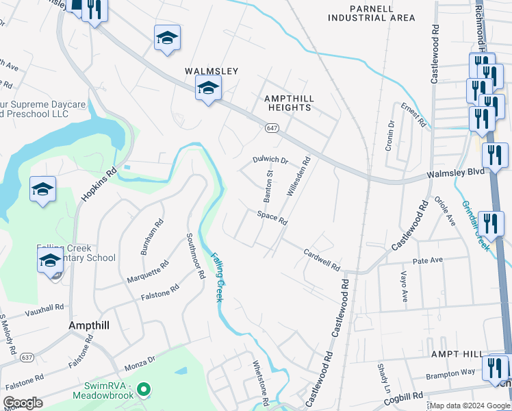 map of restaurants, bars, coffee shops, grocery stores, and more near 3010 Space Road in Richmond
