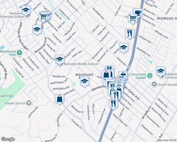 map of restaurants, bars, coffee shops, grocery stores, and more near 1630 Anamor Street in Redwood City