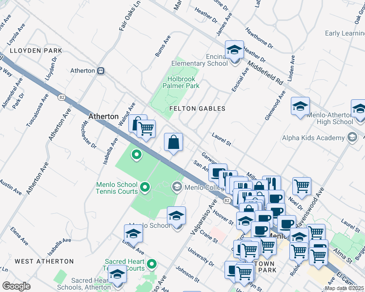 map of restaurants, bars, coffee shops, grocery stores, and more near 170 Stone Pine Lane in Menlo Park